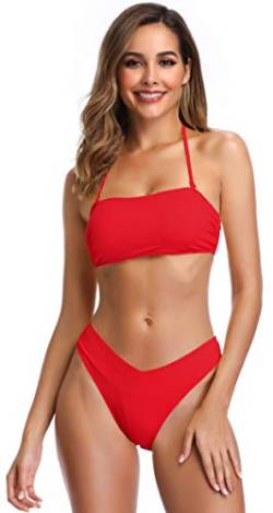 SHEKINI Frauen 2-teilige Badeanzüge gerippte Schnürung bis Trägerlose Bandeau Bikini Set High Cut BadeanzügeSuits (Rot, S) von SHEKINI