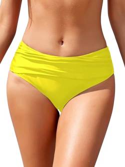 SHEKINI Frauen Ruched Bikinihosen Mittelhohe Badehose Verstecken Bikini Briefs Bademode Hipster Damen Klassisch Mäßige Abdeckung Badeanzug Badehose Große Größe (S, Leuchtend Gelb) von SHEKINI