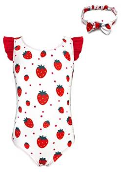 SHEKINI Mädchen Einteiliger Badeanzug Rüschen Gedruckt Bademode mit Stirnband Badeanzug Kleines Mädchen Niedlich Badeanzüge für 2-7 Jahre(2-3 Jahre,Strawberry) von SHEKINI