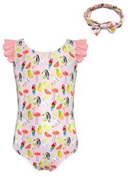 SHEKINI Mädchen Einteiliger Badeanzug Rüschen Gedruckt Bademode mit Stirnband Badeanzug Kleines Mädchen Niedlich Badeanzüge für 2-7 Jahre(6-7 Jahre,Flamingo) von SHEKINI