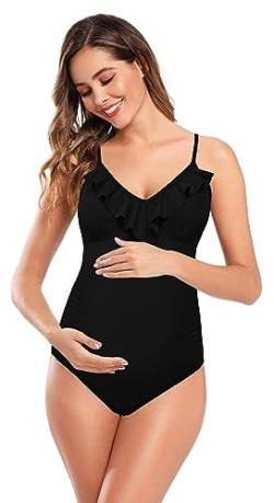 SHEKINI Maternity Einteiliger Badeanzug Damen Rüschen Bandeau Ruched Verstellbarer Bikini Grosse Grössen Umstandsbadeanzug Einteiliger Bikini Schwangerschaft(L,Schwarz) von SHEKINI