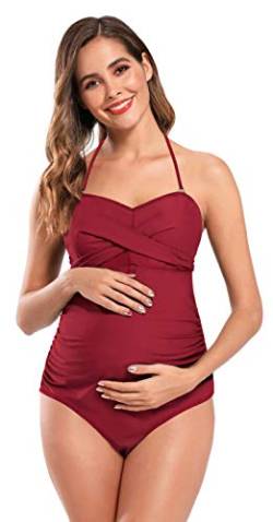 SHEKINI Maternity Einteiliger Badeanzug Damen Rüschen Bandeau Ruched Verstellbarer Bikini Grosse Grössen Umstandsbadeanzug Einteiliger Bikini Schwangerschaft(XL,Weinrot) von SHEKINI