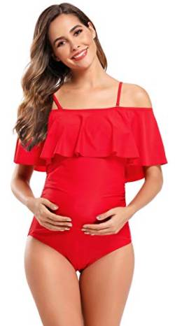 SHEKINI Maternity Einteiliger Badeanzug Damen Rüschen Bandeau Ruched Verstellbarer Bikini Grosse Grössen Umstandsbadeanzug Einteiliger Bikini Schwangerschaft(XX-Large, Rot) von SHEKINI