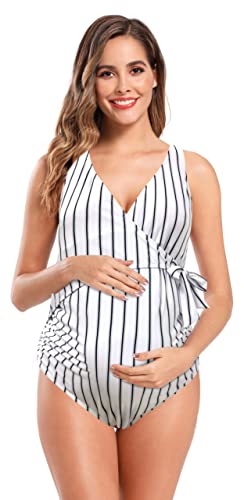 SHEKINI Maternity Einteiliger Badeanzug Damen V-Ausschnitt Verstellbarer Schultergurt Ties-up Ruched Einteiliger Bikini Grosse Grössen Rückenfrei Umstandsbadeanzug （M,Streifen von SHEKINI