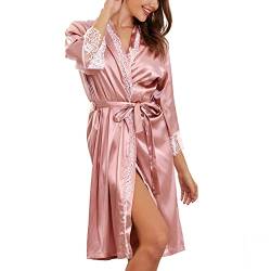 SHEKINI Morgenmantel Damen Spitze Satin Kimono Robe mit Gürtel V Ausschnitt Badmantel für Braut&Brautjungfern(Rose,S) von SHEKINI