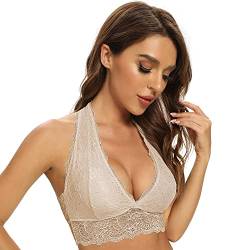 SHEKINI Neckholder BH Bralette Damen Spitze Blumen Bustier Crop Top Triangel BH ohne Bügel Abnehmbare Gepolstert BH Tiefer Ausschnitt Corset Top Sexy Unterwäsche(Hautfarbe,M) von SHEKINI