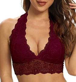 SHEKINI Neckholder BH Bralette Damen Spitze Blumen Bustier Crop Top Triangel BH ohne Bügel Abnehmbare Gepolstert BH Tiefer Ausschnitt Corset Top Sexy Unterwäsche(Rot,XL) von SHEKINI