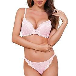 SHEKINI Push Up BH Set,Damen Bügel BH Set Spitze BH und Slip Nicht Abnehmbarer Bra Panty Lingerie Unterwäsche, Rosa, Gr.S (34/75B) von SHEKINI