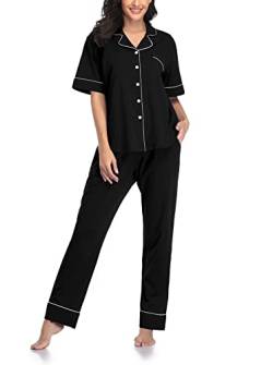 SHEKINI Schlafanzug Damen Kurzarm Pyjama Set Zweiteiliger Damen Knopfleiste V-Ausschnitt Nachtwäsche Sleepwear Loungewear Bequemer Oberteil und Pyjamahose von SHEKINI