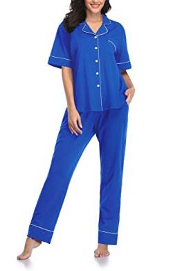 SHEKINI Schlafanzug Damen Kurzarm Pyjama Set Zweiteiliger Damen Knopfleiste V-Ausschnitt Nachtwäsche Sleepwear Loungewear Bequemer Oberteil und Pyjamahose von SHEKINI