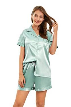 SHEKINI Schlafanzug Damen Satin Kurzarm-Pyjama für Damen Sommer Schlafanzug mit Knöpfen mit Spitze Tops und Shorts Zweiteiliger Schlafanzug Sleepwear Freizeitanzug mit Tasche von SHEKINI
