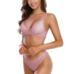 SHEKINI Sexy Dessous Damen Set BH mit Bügel Push Up Spitze Gepolstert BH und Tanga Thong Tiefer Ausschnitt Rückenfrei Lingerie Unterwäsche für Frau,Rosa,XL von SHEKINI