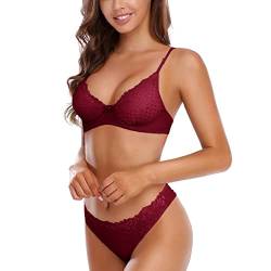 SHEKINI Sexy Dessous Damen Set BH mit Bügel Push Up Spitze Gepolstert BH und Tanga Thong Tiefer Ausschnitt Rückenfrei Lingerie Unterwäsche für Frau,Weinrot,XL von SHEKINI