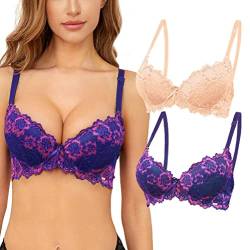 SHEKINI Spitzen-BH für Damen mit Bügel Push Up Bra Feste Polsterung Eleganter Komfort BH Blumen Bestickter Verstellbaren Trägern 2er Pack von SHEKINI