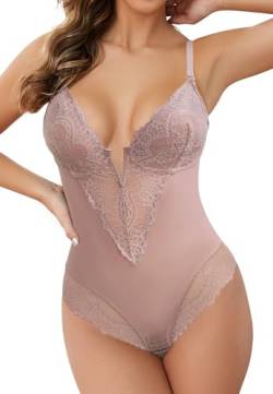 SHEKINI Spitzen Bodysuit Damen Bauchweg Figurformende Bügel BH Spitze Shapewear V-Ausschnitt Shaping Unterwäsche Miederbody Tanga String von SHEKINI