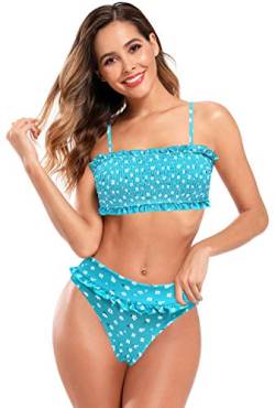 SHEKINI Verstellbar Bikini Damen Set Rüschen Bikini Oberteil mit Abnehmbare Schultergurte Mittlerer Taille Badehose Damen Zweiteiliger Badeanzug(S, Blau Blumen) von SHEKINI