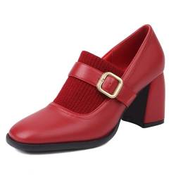 SHEMEE Damen Blockabsatz Pumps Quadratisch Zehe Stricken Patchwork Frauen Mary Janes Schnalle Chunky Heels Kleid Schuhe,Rotes (Red) EU 40 von SHEMEE