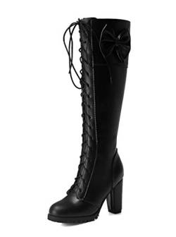 SHEMEE Damen High Heels Kniehohe Stiefel mit Blockabsatz und Schnürung 10cm Absatz Knee High Boots Schleife Winter Schuhe(Schwarz,43) von SHEMEE