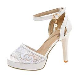 SHEMEE Damen High Heels Riemchensandalen mit Absatz Stiletto Plateau Riemchen Sandaletten Sommer Schuhe(Weiß,39) von SHEMEE