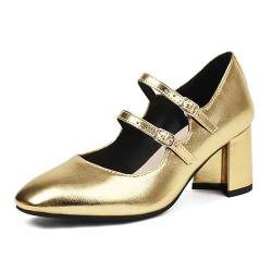 SHEMEE Damen Mary Janes Quadratisch Zehe Frauen Blockabsatz Pumps Schnalle Riemen Lolita Shoes Chunky Heels Kleid Schuhe,Gold Metallisch EU 40 von SHEMEE