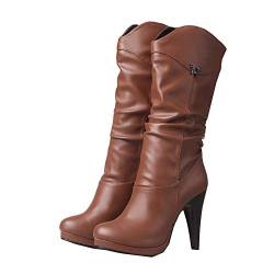 SHEMEE Damen Plateau High Heels Stiefel Cowboy Western Boots mit 10cm Absatz Winter Schuhe(Braun,44 von SHEMEE