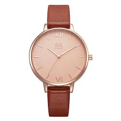 SHENGKE Damen Armbanduhr Kreative Frauen Uhren Marke Uhr Frauen Mesh Kleid Uhr Echtes Leder(Brown) von SHENGKE