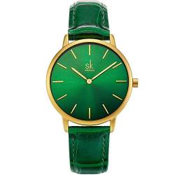 SHENGKE Damen Armbanduhr Kreative Frauen Uhren Marke Uhr Frauen Mesh Kleid Uhr Echtes Leder(Green) von SHENGKE