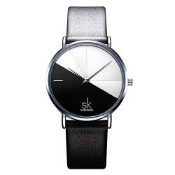 SHENGKE Damen Armbanduhr Kreative Frauen Uhren Marke Uhr Frauen Mesh Kleid Uhr Echtes Leder(K0095-Black&White) von SHENGKE