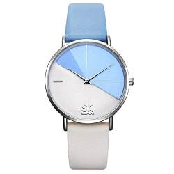 SHENGKE Damen Armbanduhr Kreative Frauen Uhren Marke Uhr Frauen Mesh Kleid Uhr Echtes Leder(K0095-Blue&White) von SHENGKE