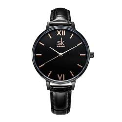 SHENGKE Frauen Uhren Lederband Luxus Quarz Uhren Kleid Mädchen Damen Armbanduhr Schwarz von SHENGKE