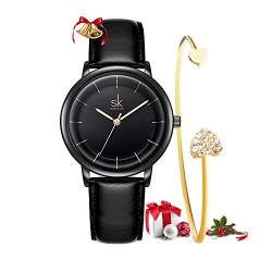 SHENGKE Geschenkset für Damen, Quarzlederband, einfache Damenuhr, Mädchenkleid, Armbanduhr mit Geschenkarmband Schwarz von SHENGKE