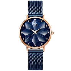 SHENGKE Kreative Damen Uhr Analog Quarz Armbanduhr mit Schwarz Edelstahl Armband Wasserdicht Damenuhren mit Blau Sternenhimmel-Zifferblatt für Frauen Blumen (Starry-Mesh Band-Blue) von SHENGKE