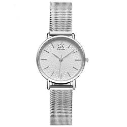 SHENGKE Kreative Simplicity Damen-Armbanduhr mit Netzband, Elegant, Damenarmbanduhr Business Armbanduhr (K0006-silver-mesh Band) von SHENGKE