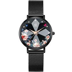 SHENGKE Kreative Simplicity Damen-Armbanduhr mit Sternen Netzband, Elegant, Damenarmbanduhr Business Armbanduhr (Flower-Mesh Band-Black) von SHENGKE