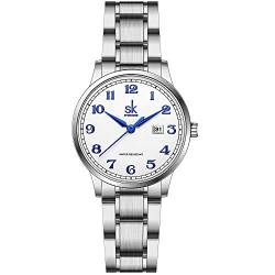SHENGKE SK Classic Business Women Watches with Stainless Steel Band and Genuine Leather Elegant Ladies Calendar Watch(Arabic Number-Silver Steel Band) von SHENGKE