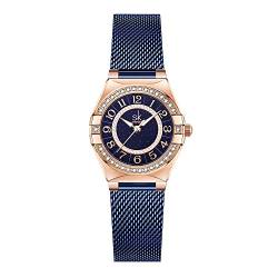SHENGKE SK Damen Armbanduhr mit arabischen Ziffern, Kristall-Diamant Damenuhr, wasserdicht, Damen Leicht-Lesen. (Blue Mesh) von SHENGKE