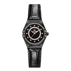 SHENGKE SK Fashion Damenuhren mit Kristall-Diamanten Damen-Armbanduhr mit echtem Leder- und Edelstahlband.(Black Leather) von SHENGKE