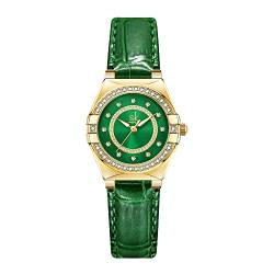 SHENGKE SK Fashion Damenuhren mit Kristall-Diamanten Damen-Armbanduhr mit echtem Leder- und Edelstahlband.(Green Leather) von SHENGKE