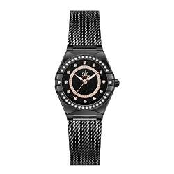 SHENGKE SK Fashion Damenuhren mit Kristall-Diamanten Damen-Armbanduhr mit echtem Leder- und Edelstahlband.Black (Black Mesh) von SHENGKE