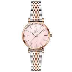 SHENGKE SK Klassische Frauen Uhren Mode Damen Kleid Uhr Solide Edelstahl Band Echtes Lederband (Silver-Rose-Shell) von SHENGKE