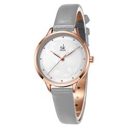 SHENGKE Uhren für Damen Quarzuhr für Damen wasserdichte Armbanduhr mit Lederband Grau von SHENGKE