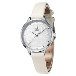 SHENGKE Uhren für Damen Quarzuhr für Damen wasserdichte Armbanduhr mit Lederband Weiß von SHENGKE