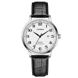 SINOBI Klassisches Geschäft Herrenuhren Arabische Ziffern Easy Reader Armbanduhren für Männer mit Kalenderdatum Wasserdicht (Silver-Black-Leather) von SHENGKE