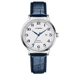 SINOBI Klassisches Geschäft Herrenuhren Arabische Ziffern Easy Reader Armbanduhren für Männer mit Kalenderdatum Wasserdicht (Silver-Blue Leather) von SHENGKE