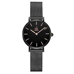 SK Ultradünne Minialistische Damenuhren Einfache Zwei Zeiger Damen Kleid Uhr Lederband (Black-Mesh) von SHENGKE