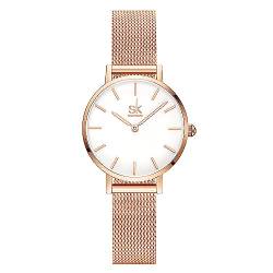 SK Ultradünne Minialistische Damenuhren Einfache Zwei Zeiger Damen Kleid Uhr Lederband (Rosegold-Mesh) von SHENGKE