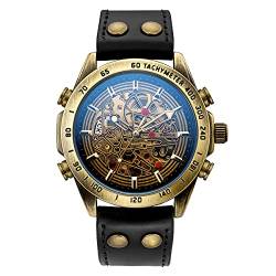 Time24 Automatik Mechanische Herren Armbanduhr Skelett Lederband Bronze Uhr (Schwarz) von SHENHUA