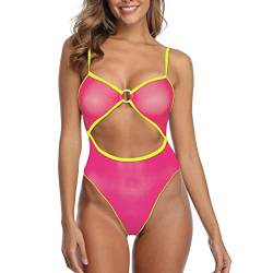 SHERRYLO Durchsichtiger einteiliger Badeanzug für Frauen, durchsichtiger Body, Monokini Sexy Mesh Tanga Teddy Badeanzüge Micro Bikini, Rosa Chartreuse, Small von SHERRYLO