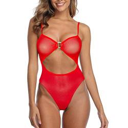 SHERRYLO Durchsichtiger einteiliger Badeanzug für Frauen durchsichtiger Body Monokini Sexy Mesh Tanga Teddy Badeanzüge Micro Bikini, rot, Medium von SHERRYLO