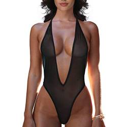 SHERRYLO Durchsichtiger einteiliger Tanga-Badeanzug für Frauen, sexy, tiefer durchsichtiger Monokini, hoch geschnittener Body, e Netz-Dessous, Schwarz, Small-Medium von SHERRYLO